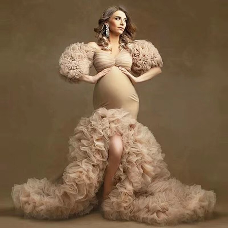 Cross-border Photo wedding dress for pregnant women sexy front slit mesh pettiskirt off-shoulder stretch cotton dress