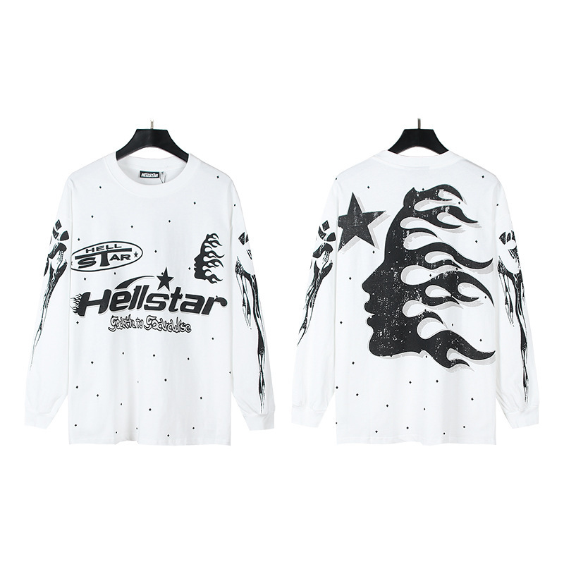 Hellstar アメリカのトレンディなハイストリートレトロウォッシュ加工プリントストリートロックスウェットシャツ長袖 Tシャツ男性と女性のトップス|undefined