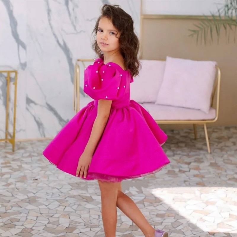 Abito rosa con maniche a sbuffo e dettagli di perle, gonna tutù da principessa per bambine, costume da spettacolo di danza, abito da passerella per pianoforte_voghion.com