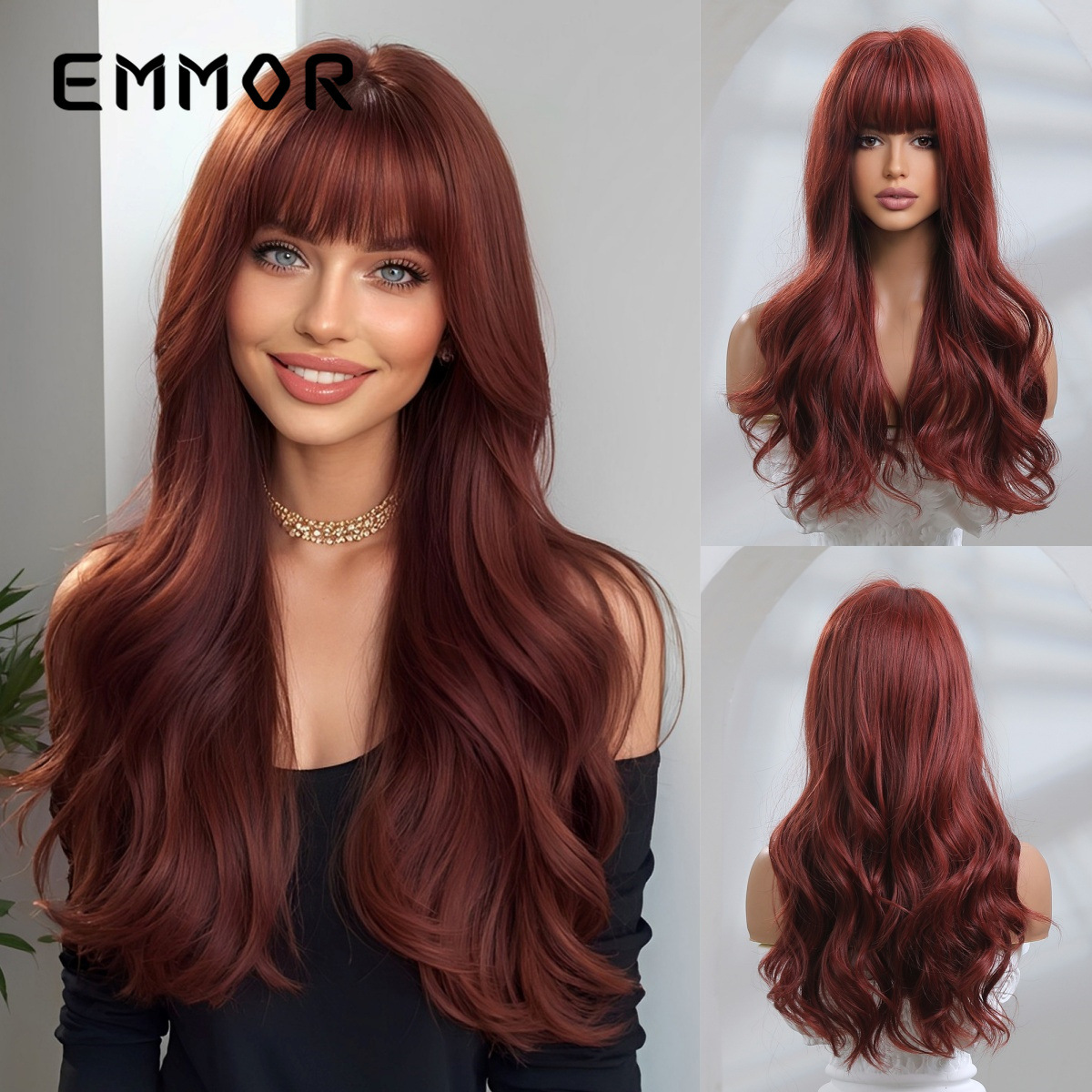 2024 nuevo estilo flequillo rojo vino rojo onda grande Pelo Rizado largo alta temperatura seda europea y americana peluca femenina cabeza completa cubierta