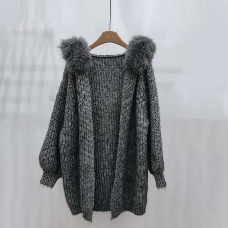 Thick Knitted Cardigan for Women in Autumn and Winter, New Furry Collar Hooded Top, Lazy Style, Beautiful Sweater, Thick Outwear
