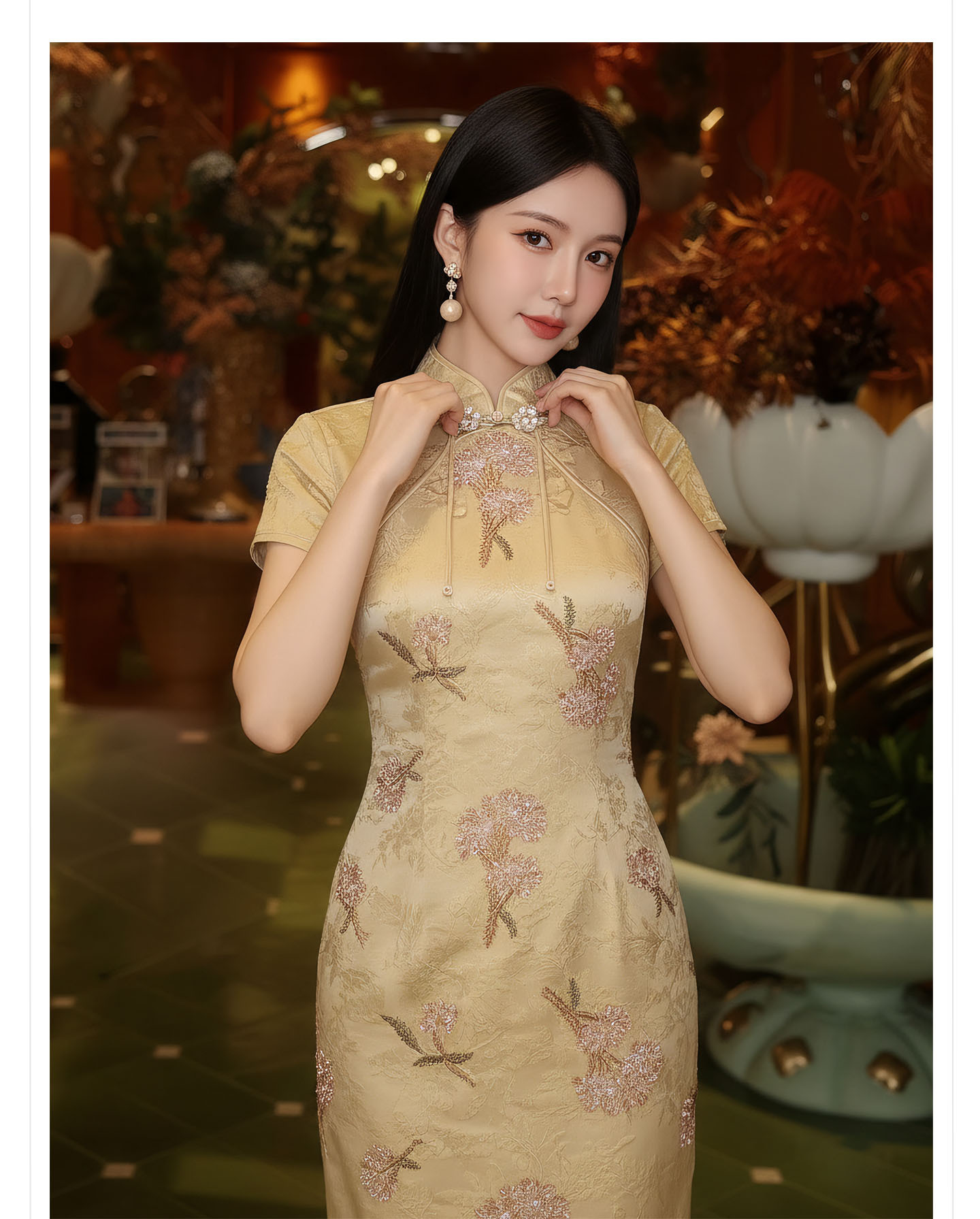 Đầm maxi nữ thêu ren hoa cổ trụ cài khuy, phong cách tân cổ điển — màu vàng chi tiết 4