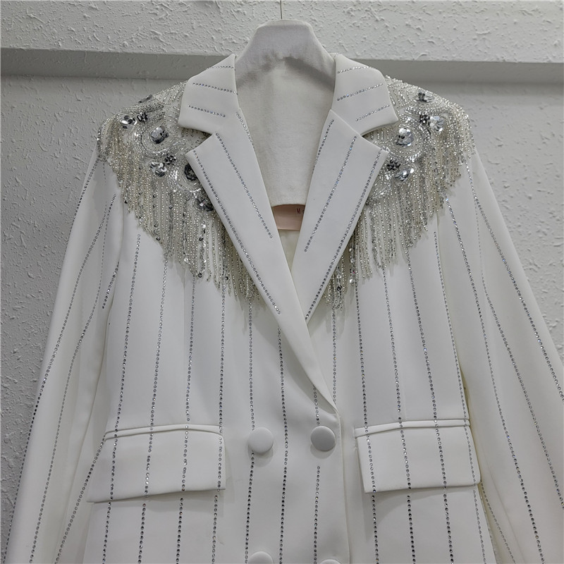 Saco de Vestir Blanco con Flecos y Pedrería de Algodón y Poliéster para Primavera
