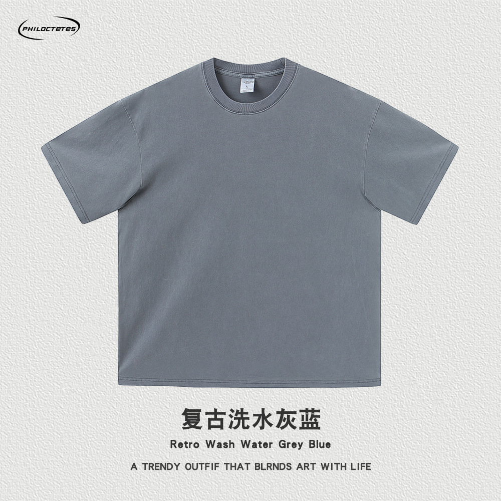 Comercio exterior pesado 260g flor frita apenado color sólido de manga corta Camiseta hombres y mujeres sueltos lavados camiseta de marca de moda estadounidense transfronteriza