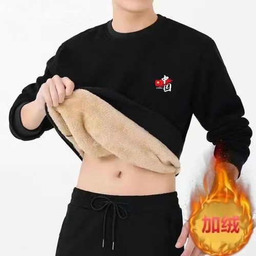 Autumn and Winter Fleece-Lined, Thickened, Plus-Size Lambswool Men's Casual Sports Crewneck Pullover Sweater—Korean-Style Loose Fit for Men