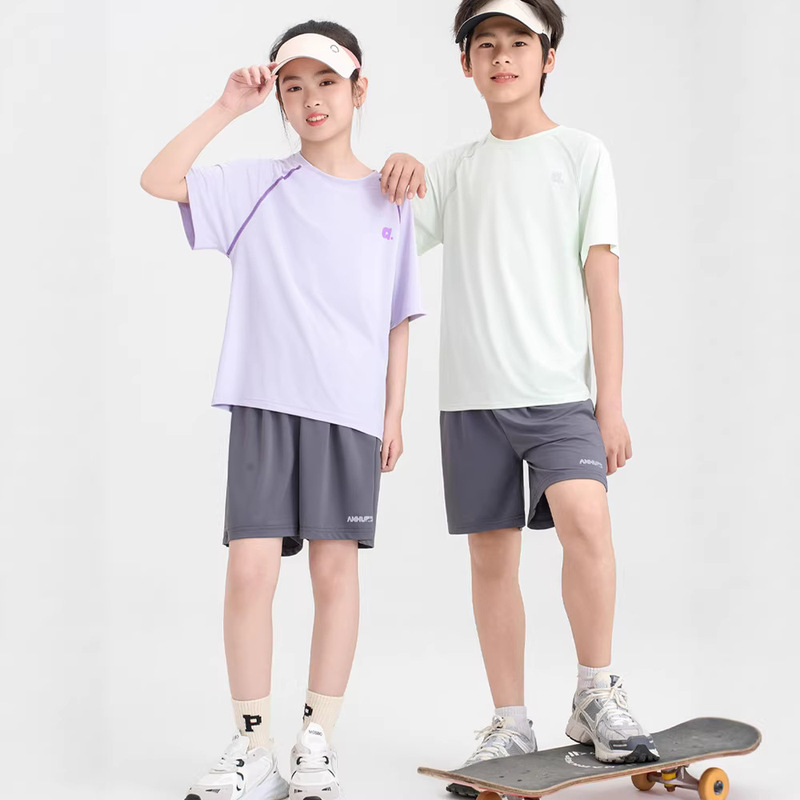 Boys' Quick-Drying Clothing and Pants, Children's Outdoor Sports Basketball Uniforms, Short-Sleeved Shorts for Older Children, Girls' Badminton Uniforms