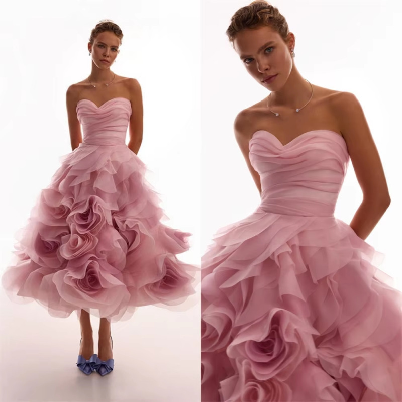 Cross-Border Independent Site Pink Organza Large Three-Dimensional Flower Fluffy Evening Dress Strapless Tie Formal Ball Gown Cross-Border Independent Site Pink Organza Large Three-Dimensional Flower Fluffy Evening Dress Strapless Tie Formal Ball Gown