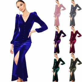 2025秋冬针织V领垫肩长袖连衣裙欧美秋季女装知性气质礼服长裙