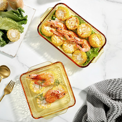 批發家用琥珀色水波紋玻璃雙耳烤盤大容量耐高溫長方形焗飯盤提拉