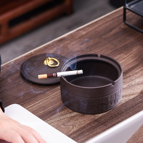 Purple sand ceramic ashtray with lid, windproof ashtray, creative business gift, hotel bar cigarette set decoration