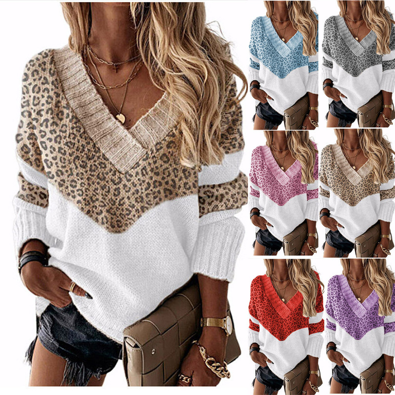 Cross-Border Knitwear 2025 New Color-Blocked Stripesd Knitwear Autumn and Winter Leopard Print New European and American V-Neck Pullover Top