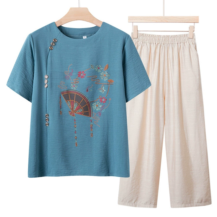 Маленькие рубашки среднего и пожилого возраста бабушки весенние платья с короткими рукавами тонкие топы мамы летние кардиганы отворот свекрови набор из двух частей