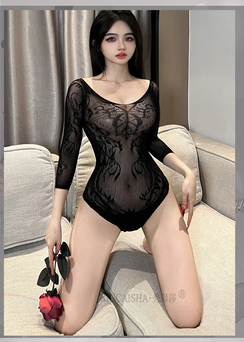 Long-Sleeved Sheer Lace One-Piece Lingerie, Black Open-Crotch Design, One Size — detail image 15