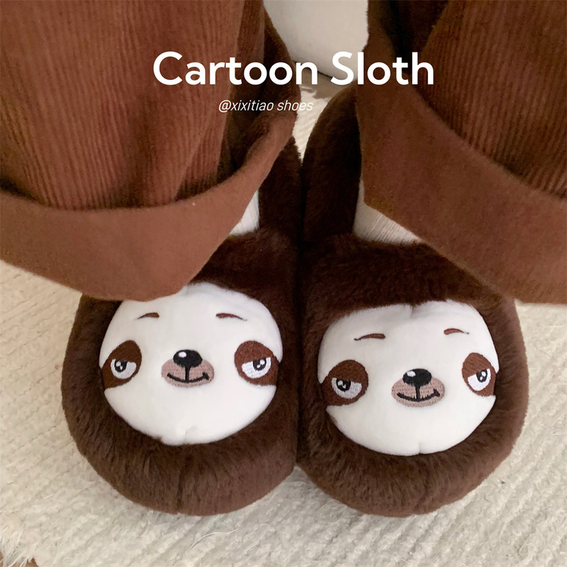 2025 Winter New Cute Sloth Cotton Slippers for Men and Women, Closed Heel, Fleece-Lined, Warm, Couple's Casual Home Furry Shoes