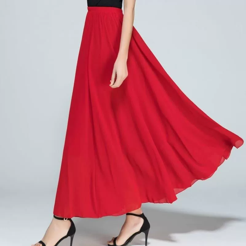 Квадратная танцевальная большая юбка-качели, юбка для танцев, женское летнее платье, Красная Шифоновая тонкая юбка-трапеция больших размеров с высокой талией