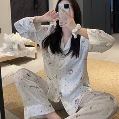 春秋丝绸睡衣女卡通KT猫学院风家居服长袖长裤蕾丝薄款冰雪丝套装