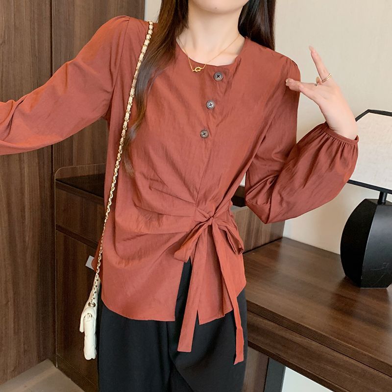 女装秋装新款2025法式新品感不规则衬衫褶皱绑带休闲上衣黑色白色|undefined