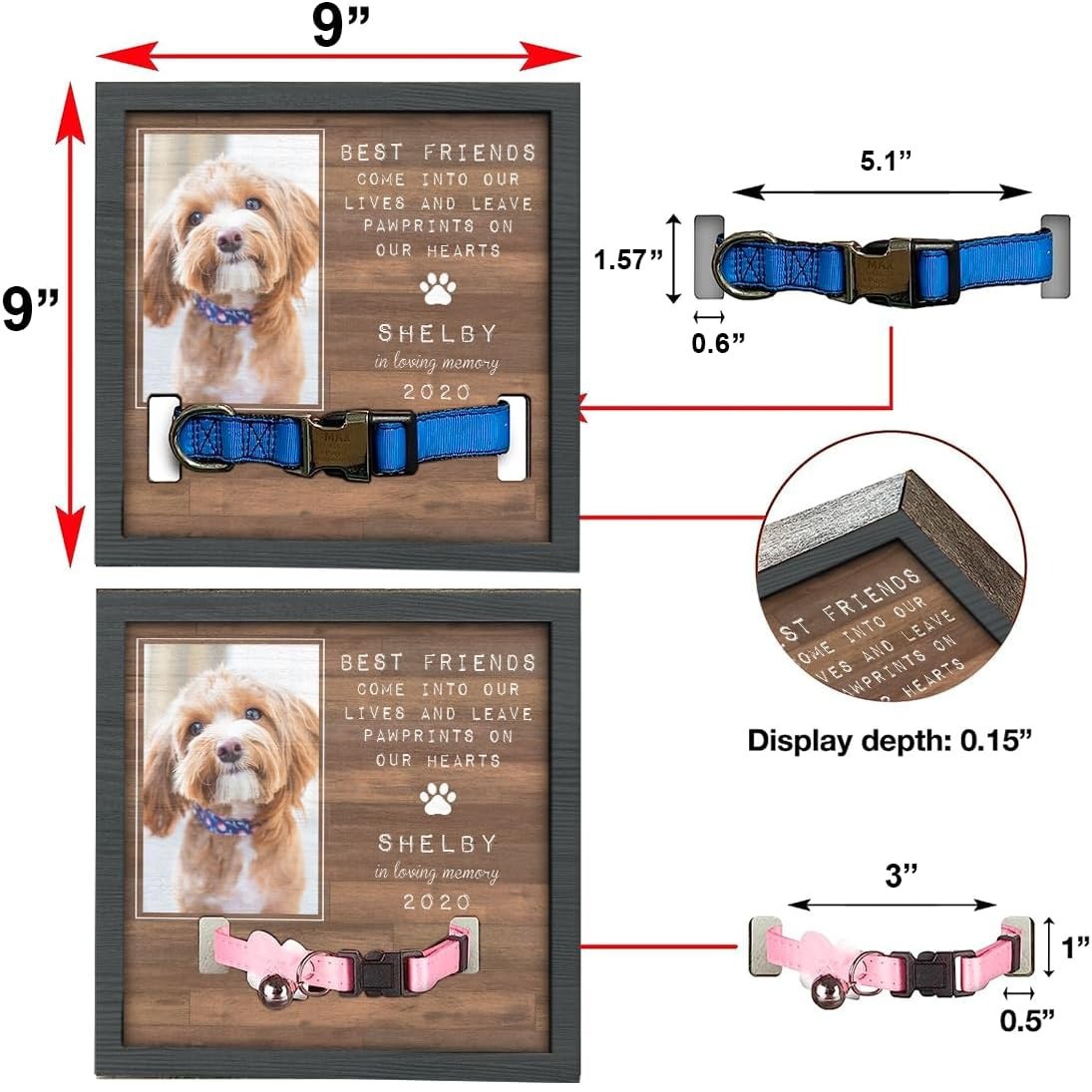 Marco DE FOTOS conmemorativo para mascotas de madera para mascotas collar de perro marco de fotos Registro de madera crecimiento de mascotas marco conmemorativo