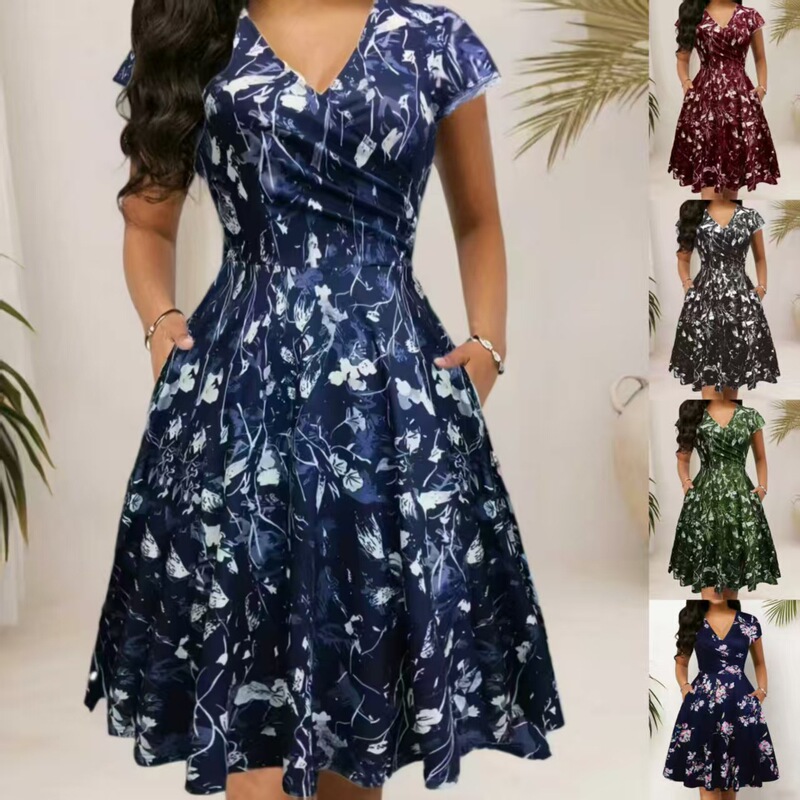 European and American Amazon New Summer New Round Neck Pocket Short Sleeve Popular Printed Long Dress Elegant dress