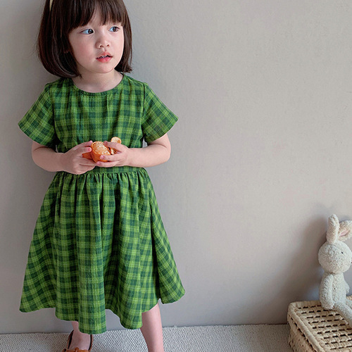 Girls' Plaid Grass-green Midriff-Exposing Dress, Princess Style, 24 Summer Collection—New Arrival, Made-to-Order Kids' Clothing for Export