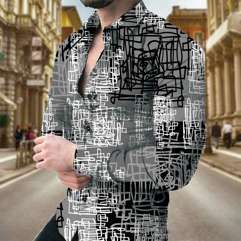 Spring And Autumn New European And American Men's Long Sleeve Shirt Casual Printed Shirt_viptrois.com
