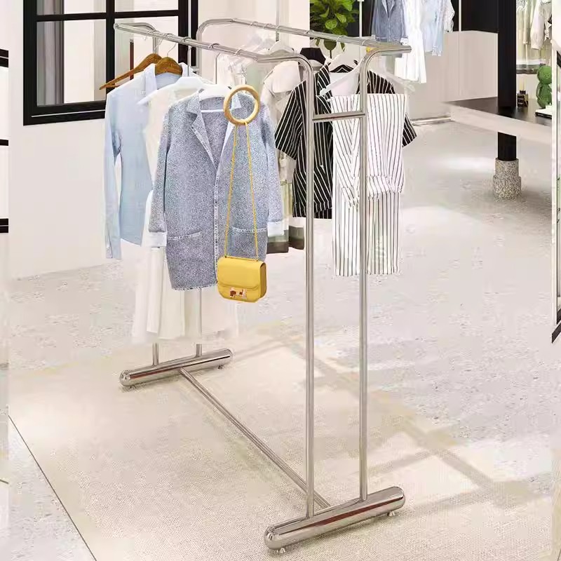 Estante de exhibición de ropa de acero inoxidable marco de isla medio tipo piso percha de ropa de doble fila barra paralela para hombres y mujeres y niños estante de ropa de carga