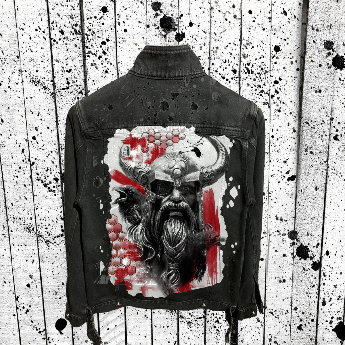 2025 Viking printed lapel classic washed denim cowhide jacket, men's clothing_voghion.com