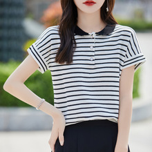 2025年春夏新款纯棉线娃娃领针织衫短袖T恤女拼色条纹设计感上衣
