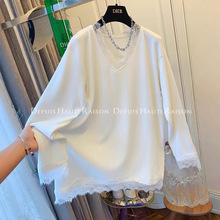 法式蕾丝V领白色长袖t恤女学生秋冬新款大码胖MM中长款打底衫上衣