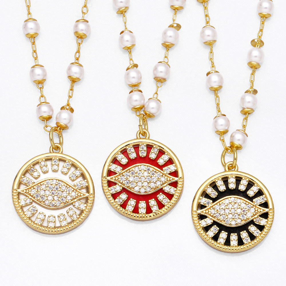 hip-hop retro pearl devilu0027s eye pendant copper zircon necklace female