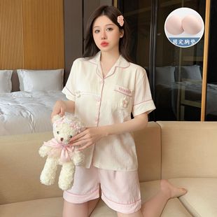 Cloud Cotton Pajamas for Women Summer Cardigan with Breast Pads Short-sleeved Shorts Sweet Small Fresh Home Clothes Set Can Be Worn Outside