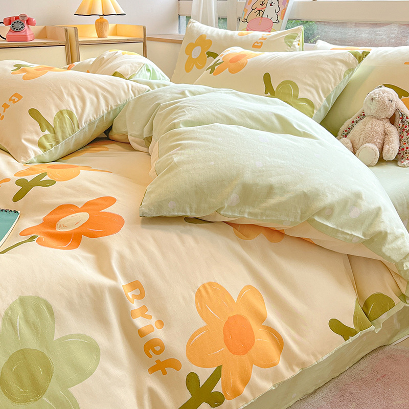 Cama de algodón cuatro piezas de sábanas de algodón cubierta dormitorio único pequeño fresco tres piezas de Nantong ropa de cama al por mayor
