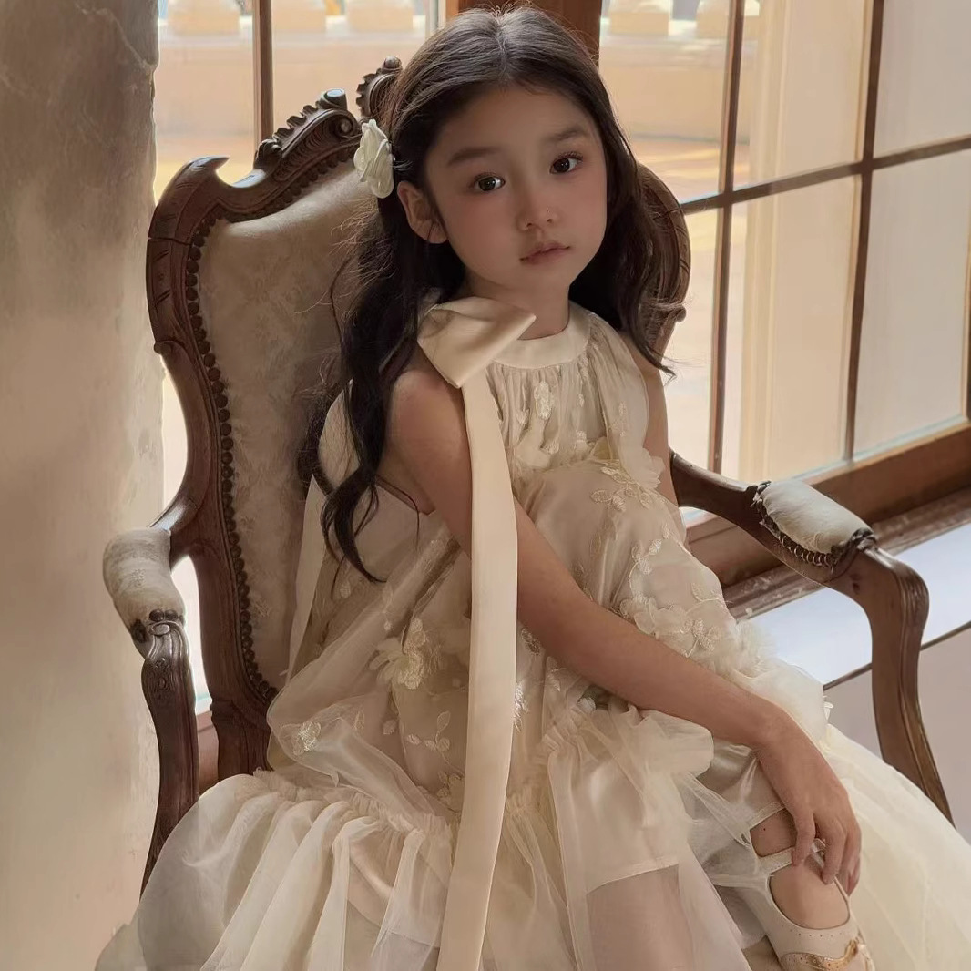 YYBR New Girls dress Petal Mesh Princess Dress Bow Neck Flower Fairy Dress