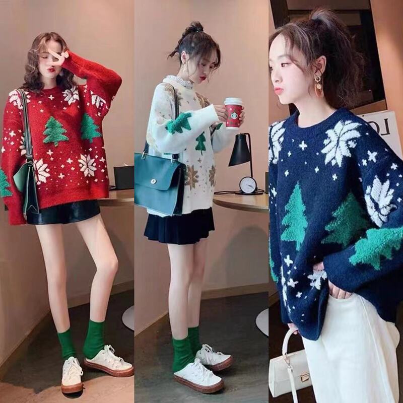 Popular Christmas Snowflake Christmas Tree Sweater for Women, Loose Round Neck, Soft and Thick, Festive Pullover Knit Top