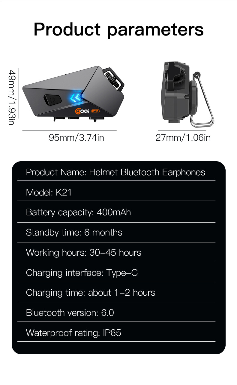 K21 Motorcycle Helmet Bluetooth Headset Noise-Cancelling Headphones with FM Function, Long Battery Life, for Full-Face and Half-Face Motorcycle Helmets
