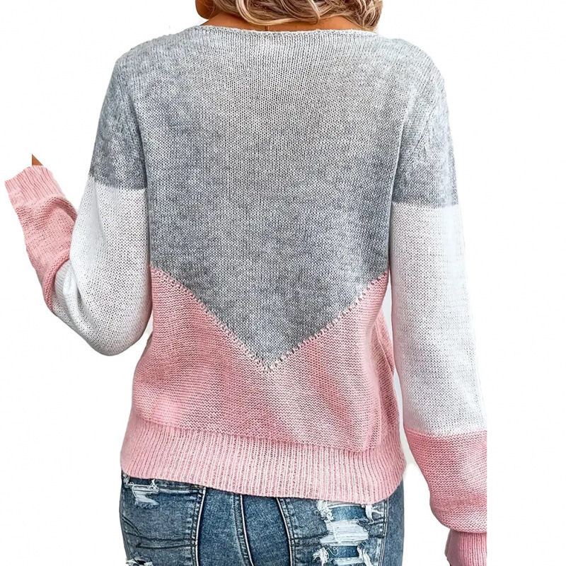 欧美跨境秋冬款撞色圆领套头毛衣外贸镂空拼色休闲女装上衣长袖衫|undefined