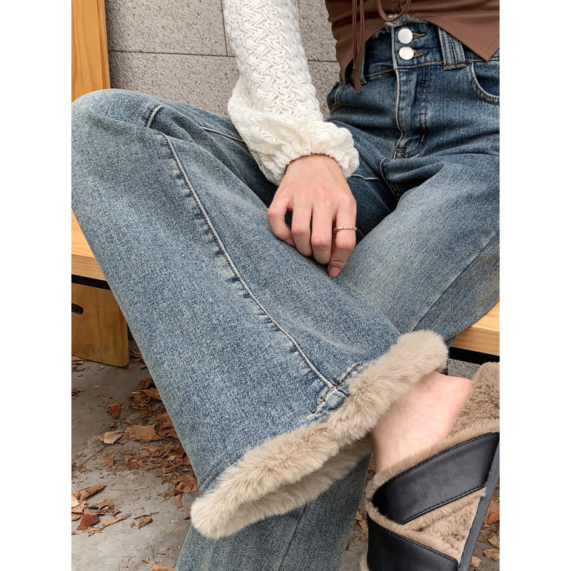 设计感拼接毛线拖地裤女冬高腰微喇牛仔裤chic修身弹力显瘦喇叭裤