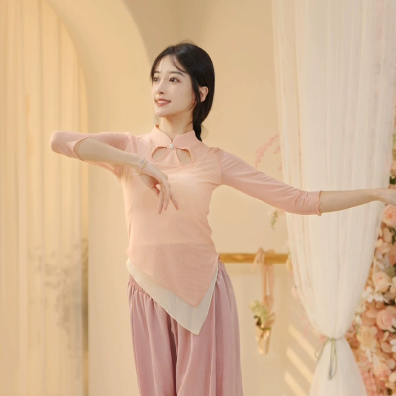 Классическая танцевальная одежда, марлевый Топ для взрослых и женщин, китайские танцы, приталенная эластичная сетка для похудения, улучшенная одежда для тренировок Cheongsam