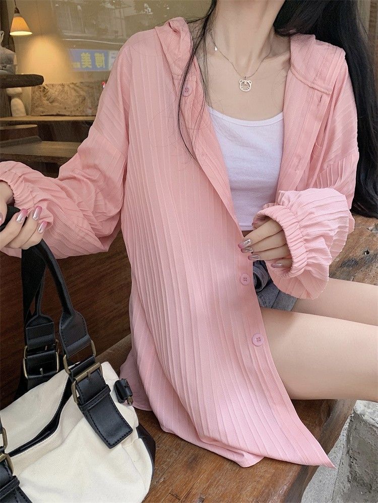 Spring Pink Hooded Spring and Autumn Mid-Length Slim Cardigan Top Trendy Casual Loose Jacket Women's Long Sleeves