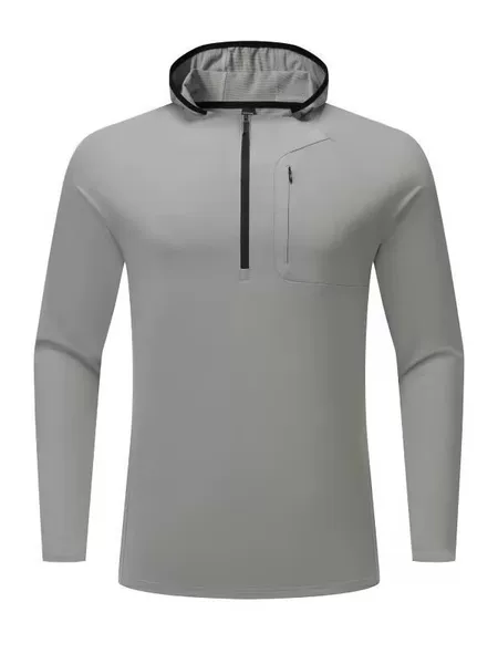 2026 Men's Hooded Running Fitness Top Half-Zip Long Sleeve Autumn and Winter Warm Plus Velvet Outdoor Sports Thin Velvet Top