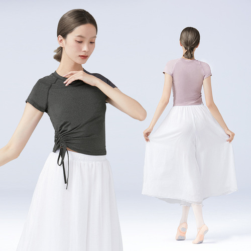 Summer dance wear for women adult short-sleeved round neck drawstring Latin dance wear ballet modern dance top teacher art test