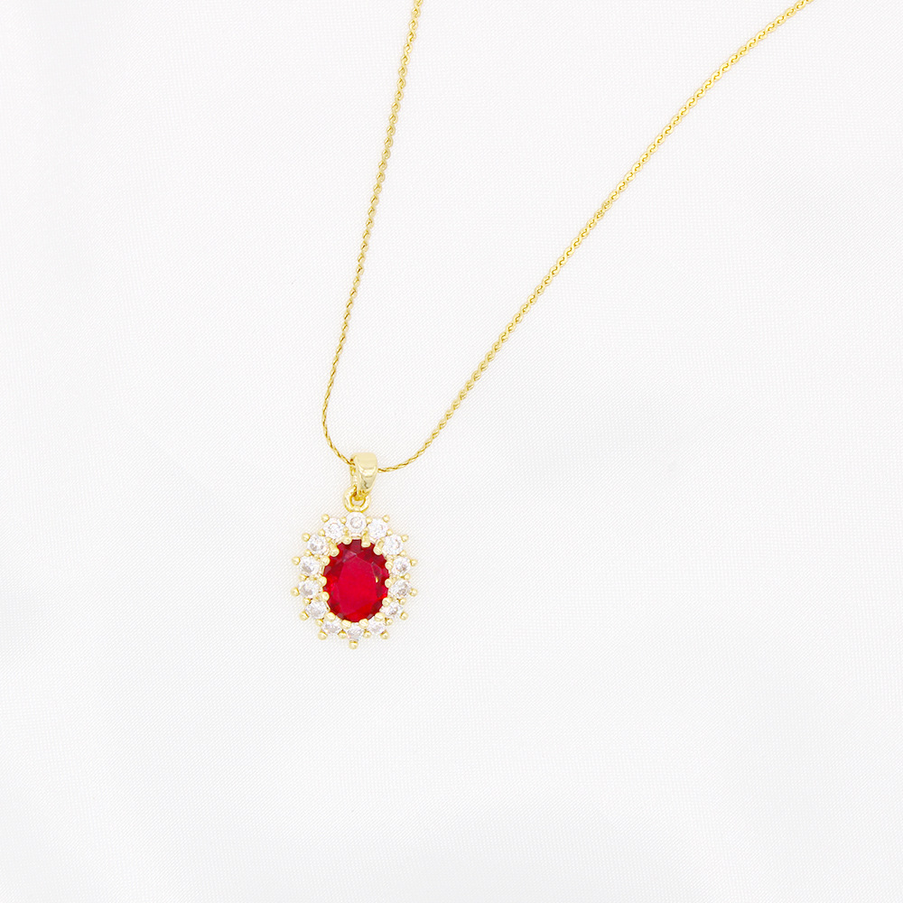 Lady Oval Stainless Steel Inlay Artificial Gemstones Zircon Pendant Necklace 1 Piece