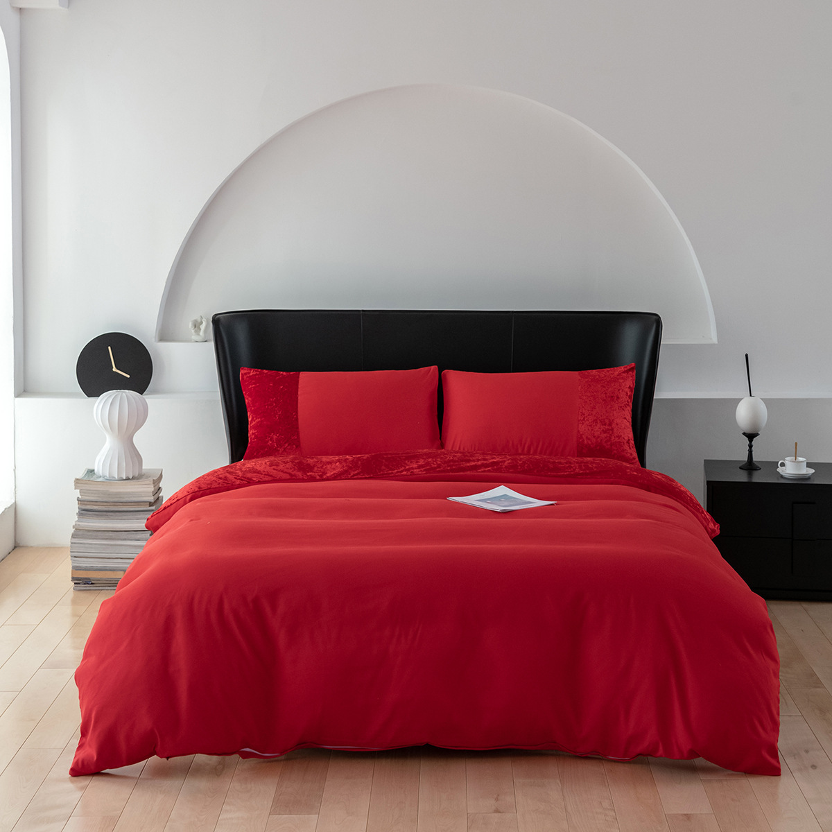 Solid color velvet patchwork red bedding three piece set_voghion.com