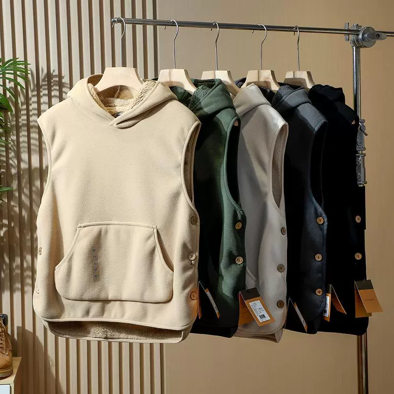 Простой жилет на флисовой подкладке в японском стиле, модная Личность, двухсторонний дизайн с разрезом на пуговицах, жилет без рукавов с капюшоном