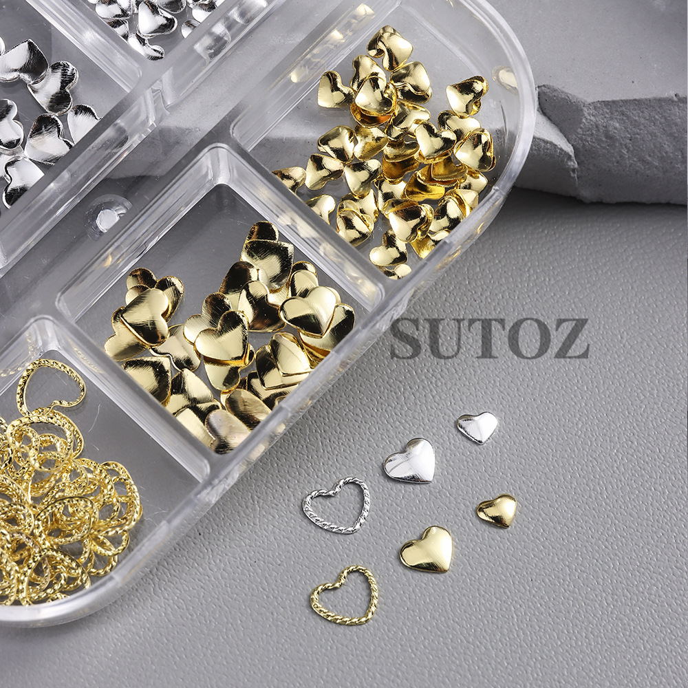 6-Compartment Gold and Silver Two-Tone Heart Nail Art Decoration Set, Hollow Twist Solid Heart Sequins, Exquisite Versatile Decoration