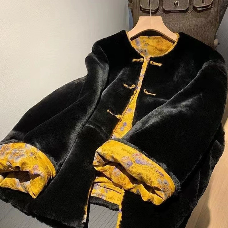 Новая китайская имитация ароматной облачной пряжи, меховое пальто, меховое пальто с круглым вырезом, кожаное пальто в китайском стиле, зимний новый стиль