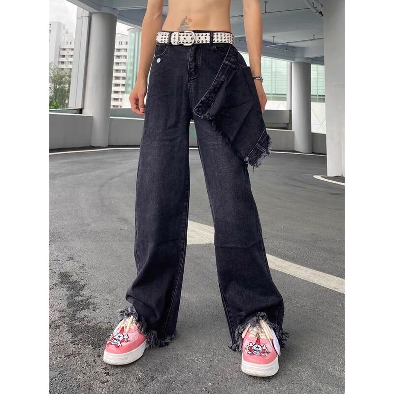 American-style High Street Design Sense Niche Stitching Jeans Men's High Waist Straight Wide Leg Slim Fit Stacked Raw Edge Floor Pants
