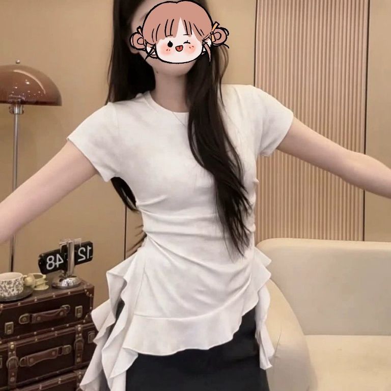 도파민 불규칙한 타이 염색 리본 반팔 프릴 티셔츠 밑단 여름 신작 디자인 슬리밍 탑