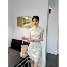 新中式连衣裙女夏季2024新款小个子短袖系带改良旗袍收腰显瘦短裙