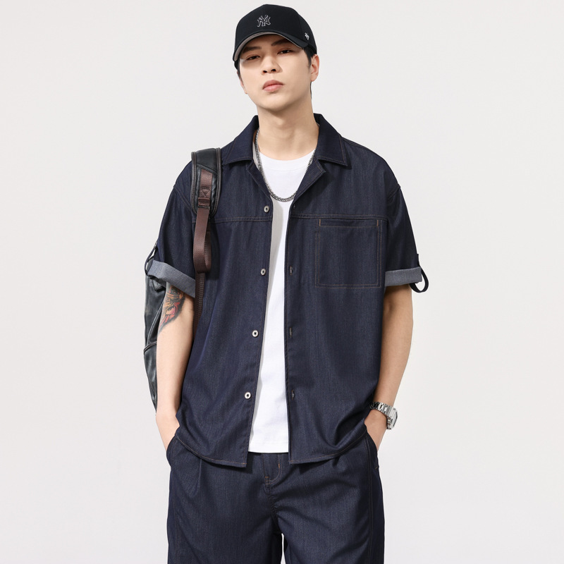 Blue short sleeve shirt men's summer thin retro washed lapel high-grade ice silk imitation denim shirt wholesale